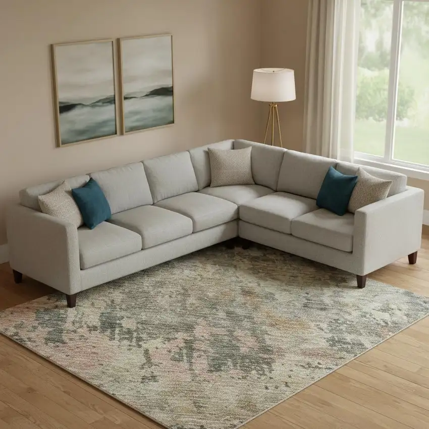 Sage And Beige Abstract Washable Area Rug With UV Protection Photo 2