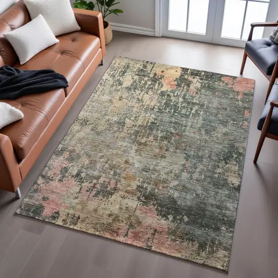 Sage And Beige Abstract Washable Area Rug With UV Protection Photo 3