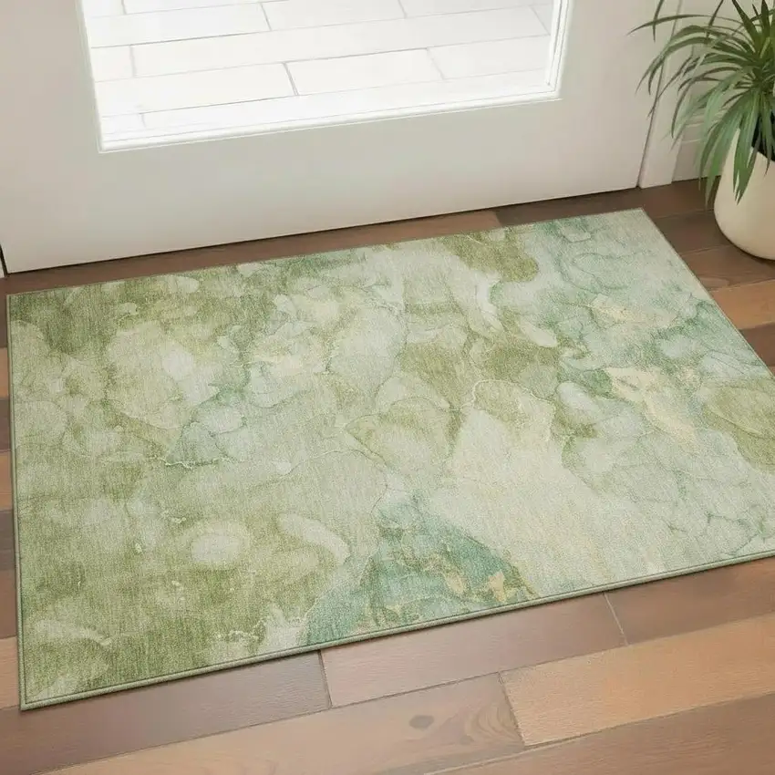 Sage And Beige Abstract Washable Area Rug With UV Protection Photo 2