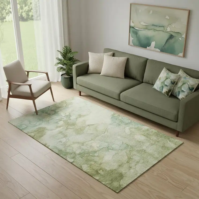 Sage And Beige Abstract Washable Area Rug With UV Protection Photo 2