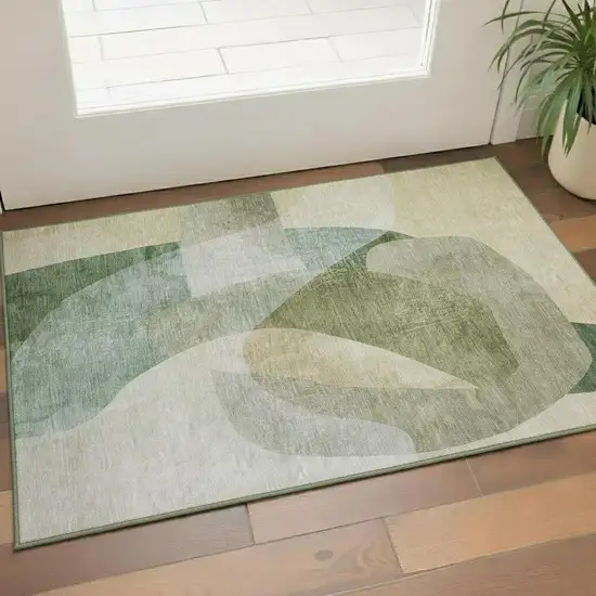Sage And Beige Abstract Washable Area Rug With UV Protection Photo 2