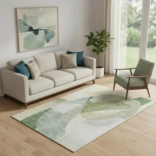 Sage And Beige Abstract Washable Area Rug With UV Protection Photo 2