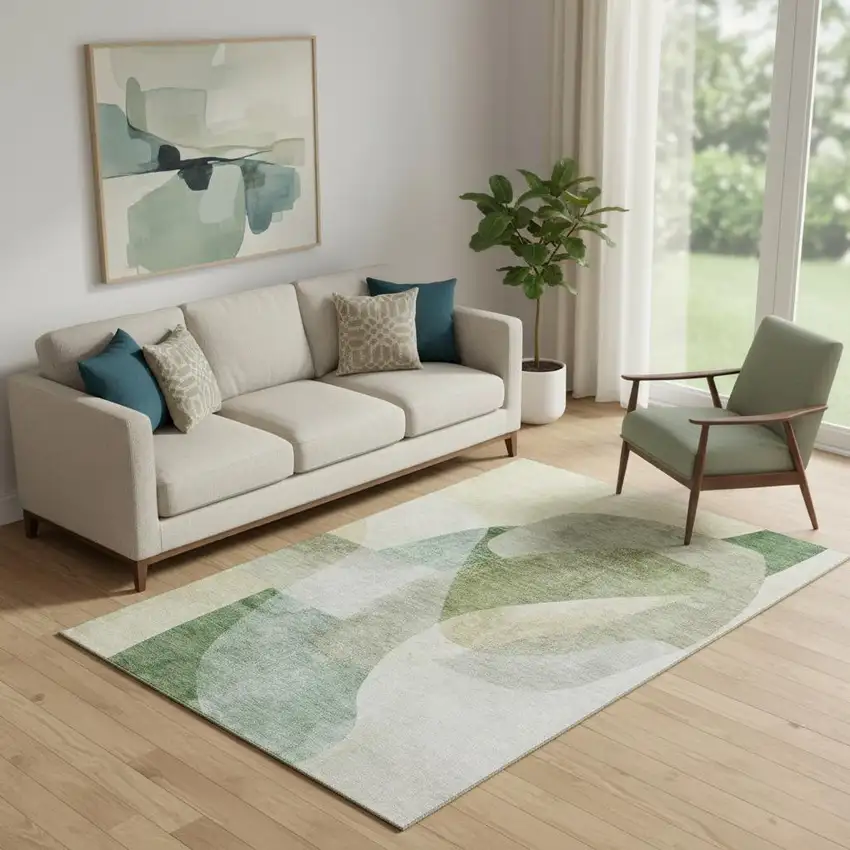 Sage And Beige Abstract Washable Area Rug With UV Protection Photo 2