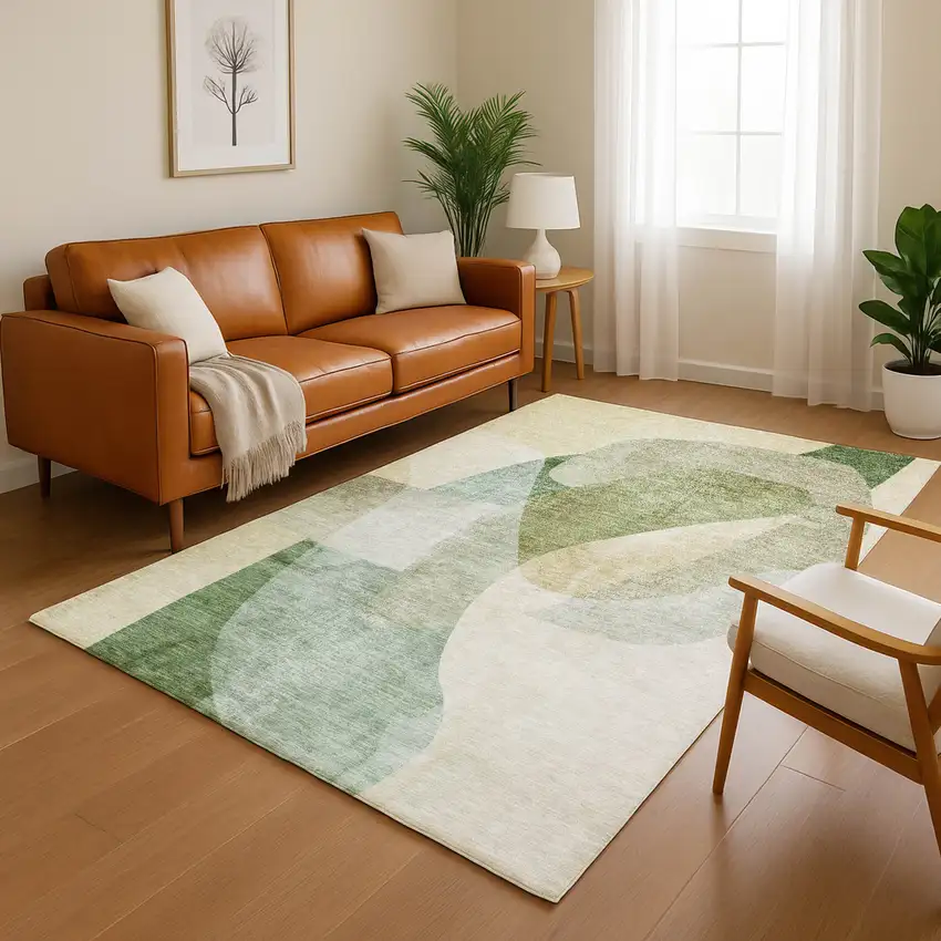 Sage And Beige Abstract Washable Area Rug With UV Protection Photo 5