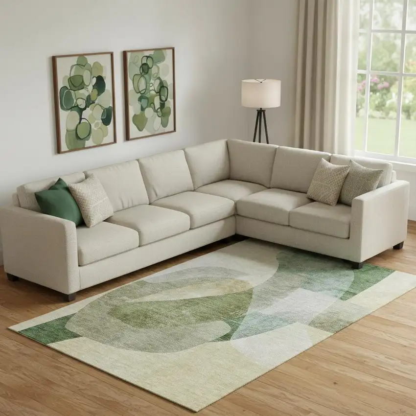 Sage And Beige Abstract Washable Area Rug With UV Protection Photo 2