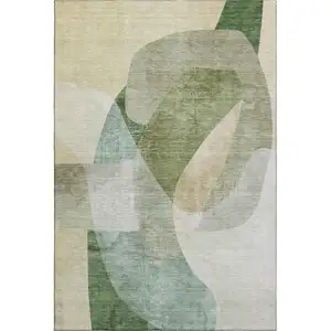 Photo of Sage And Beige Abstract Washable Area Rug With UV Protection