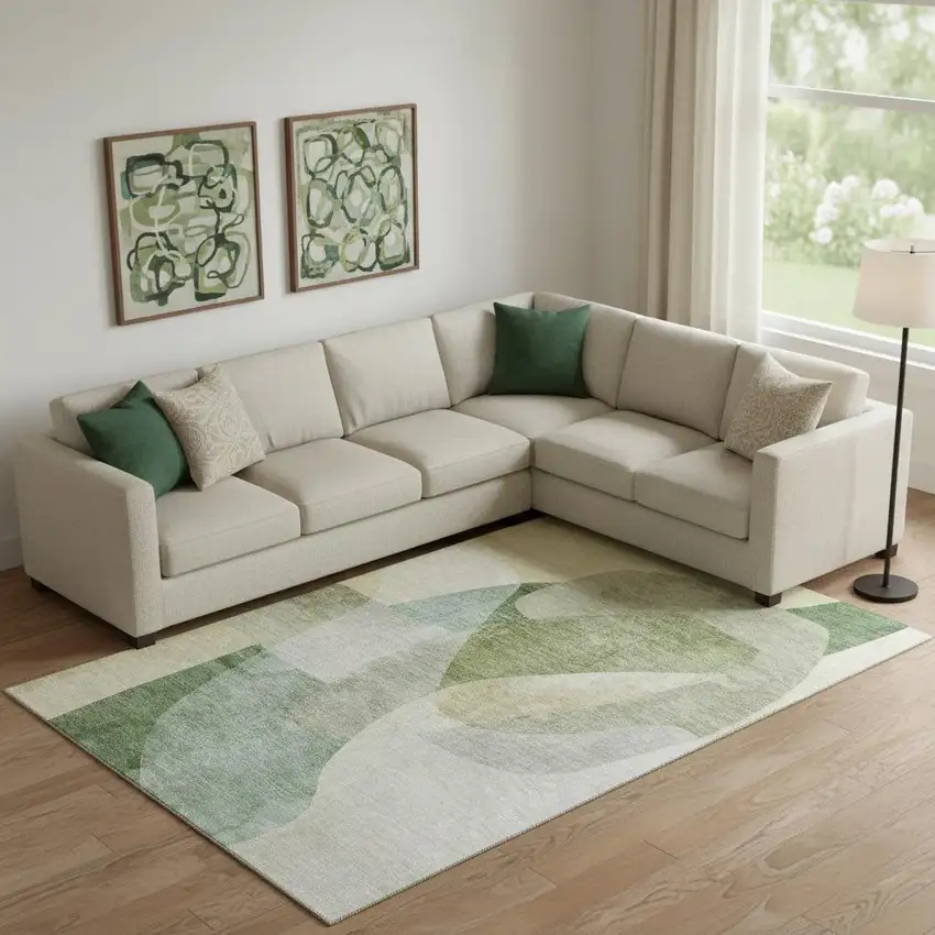 Sage And Beige Abstract Washable Area Rug With UV Protection Photo 2