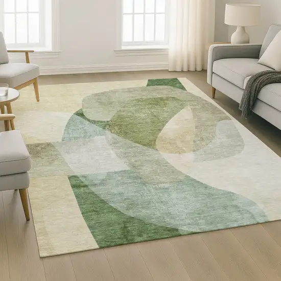 Sage And Beige Abstract Washable Area Rug With UV Protection Photo 6