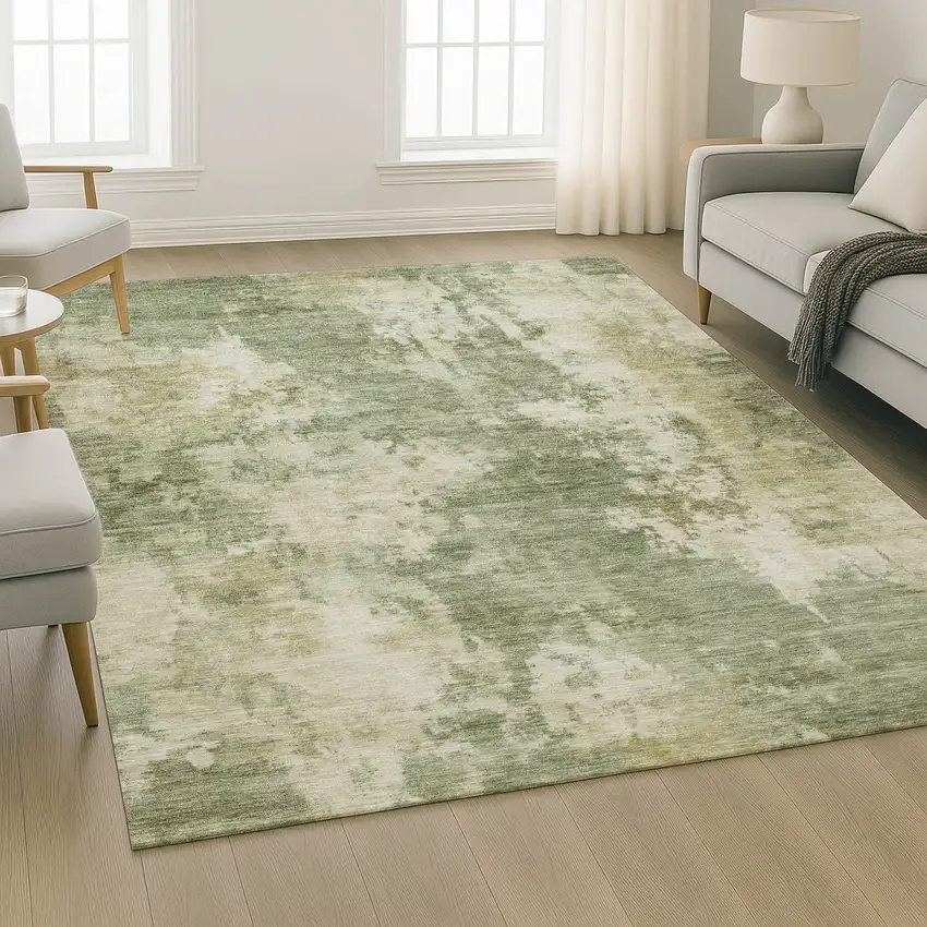 Sage And Beige Abstract Washable Area Rug With UV Protection Photo 4