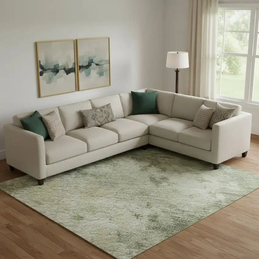 Sage And Beige Abstract Washable Area Rug With UV Protection Photo 2