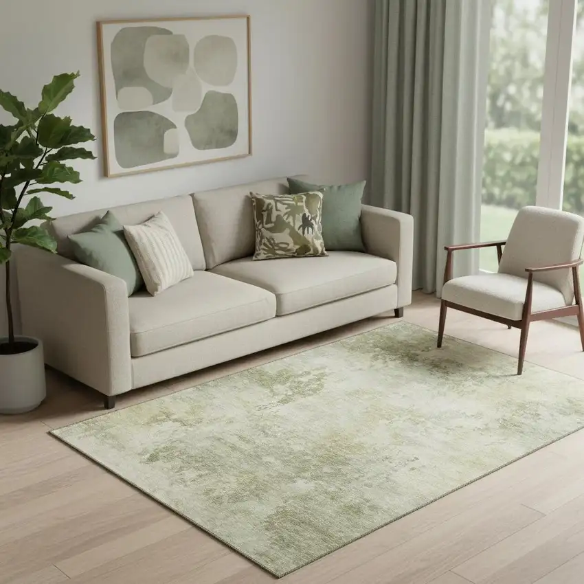 Sage And Beige Abstract Washable Area Rug With UV Protection Photo 2