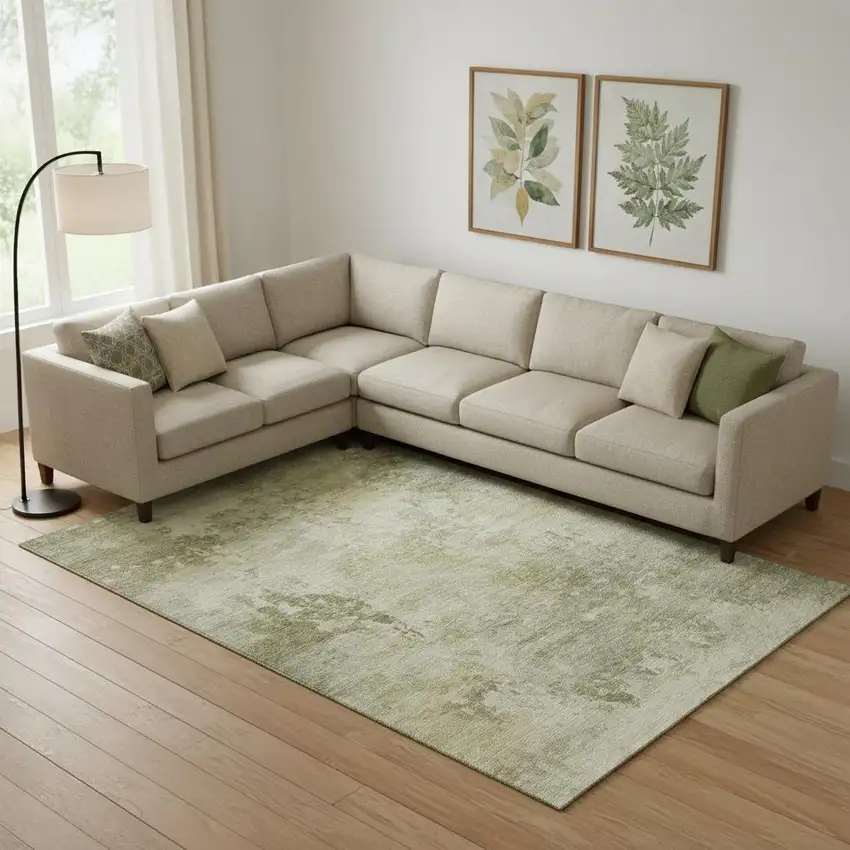 Sage And Beige Abstract Washable Area Rug With UV Protection Photo 2