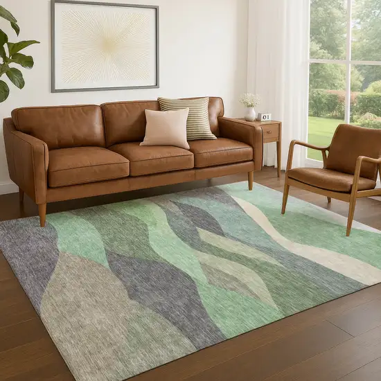 Sage And Beige Abstract Washable Indoor Outdoor Area Rug Photo 3