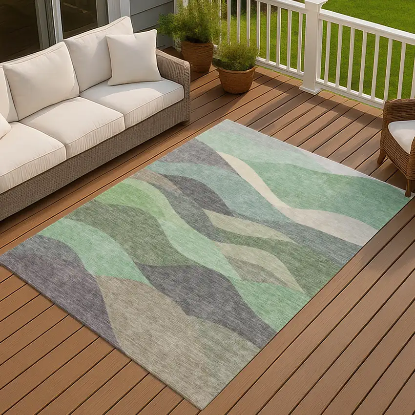 Sage And Beige Abstract Washable Indoor Outdoor Area Rug Photo 3