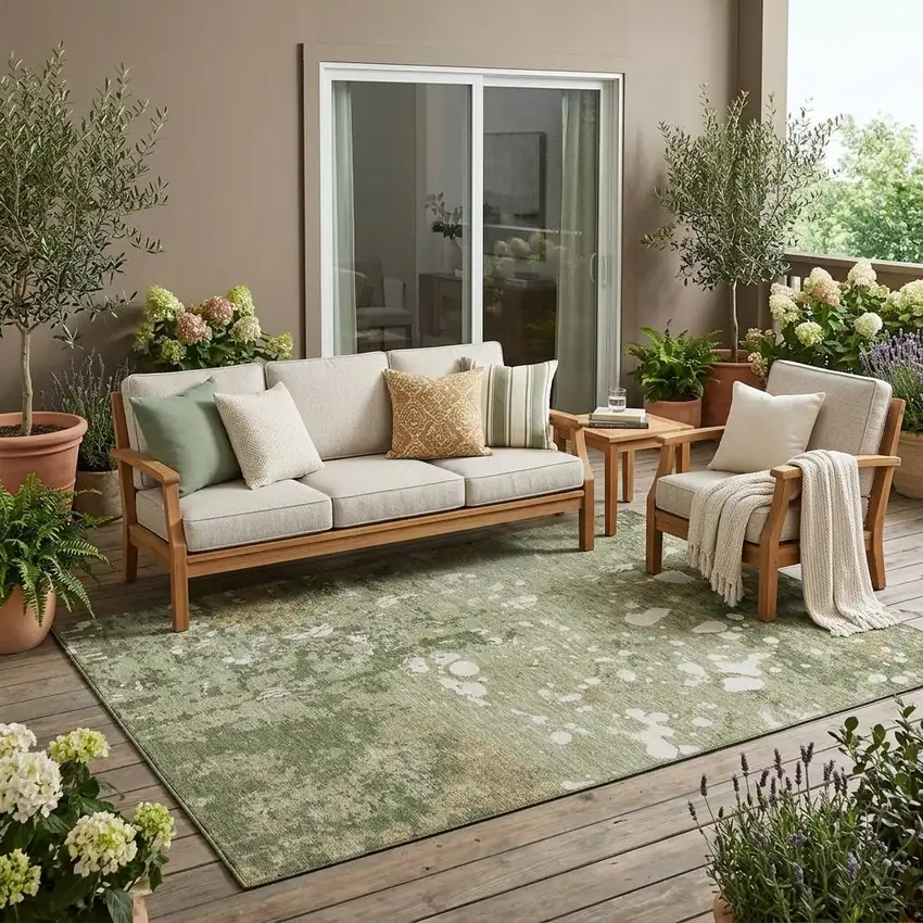 Sage And Beige Abstract Washable Indoor Outdoor Area Rug Photo 1