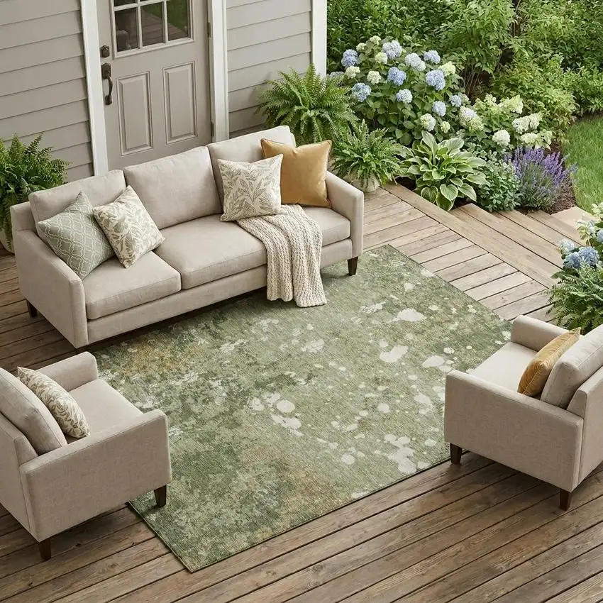 Sage And Beige Abstract Washable Indoor Outdoor Area Rug Photo 1
