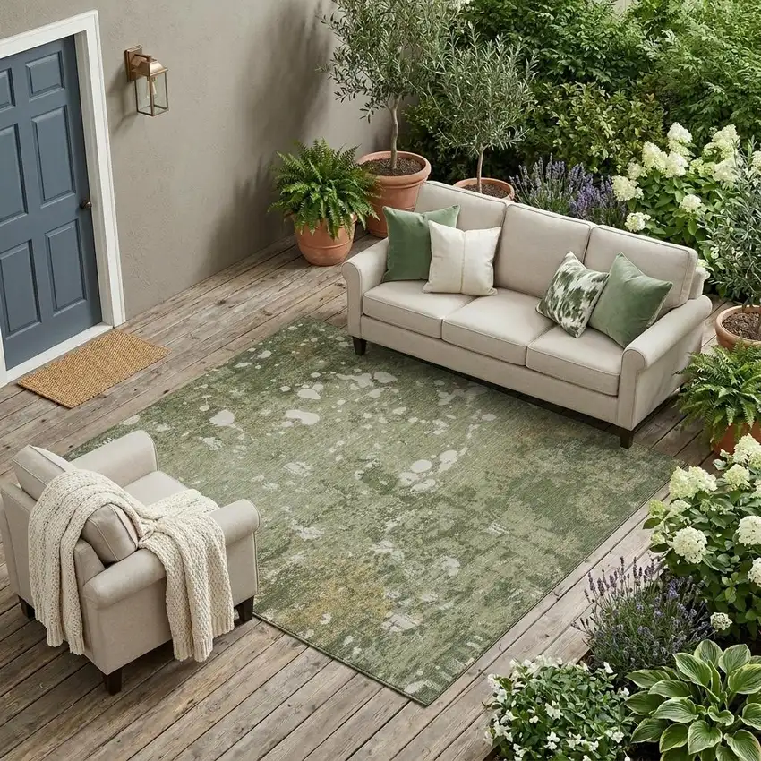 Sage And Beige Abstract Washable Indoor Outdoor Area Rug Photo 1
