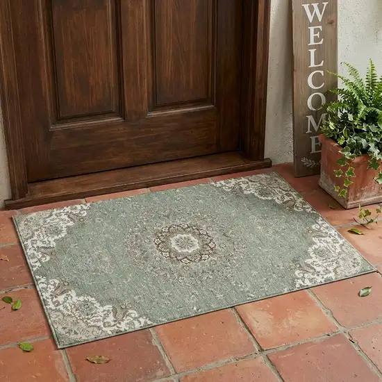 Sage And Beige Floral Medallion Washable Indoor Outdoor Area Rug Photo 1