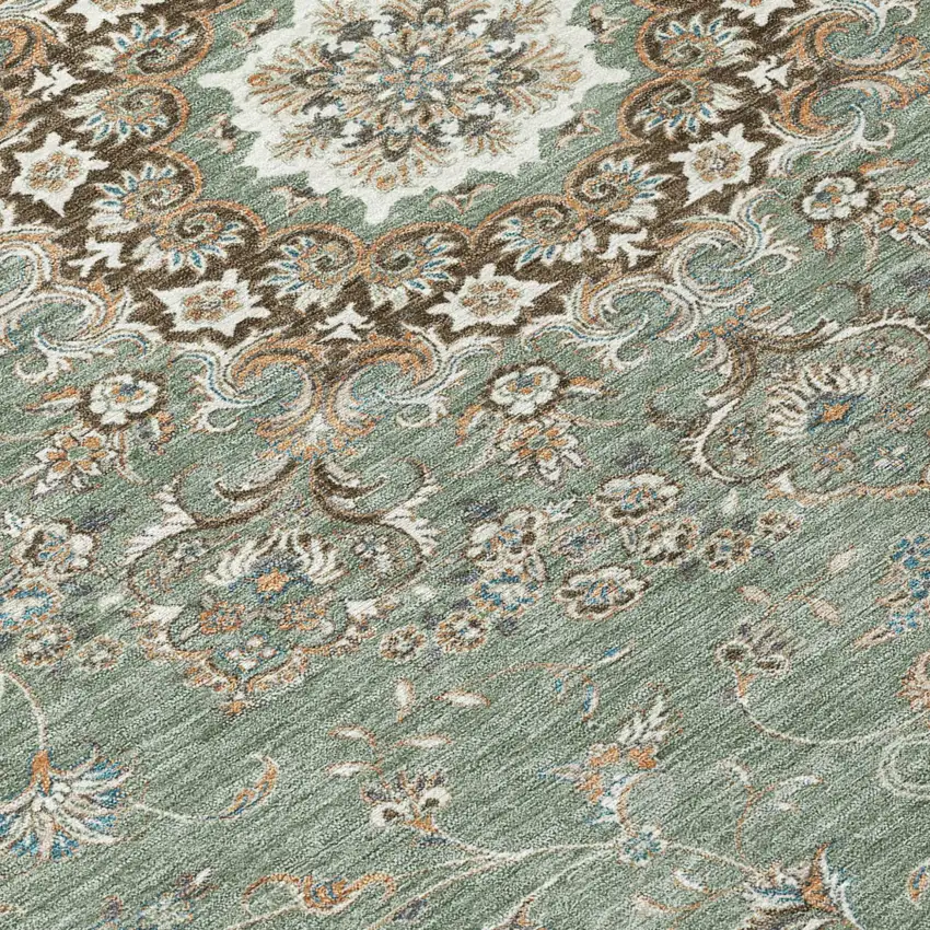 Sage And Beige Floral Medallion Washable Indoor Outdoor Area Rug Photo 6