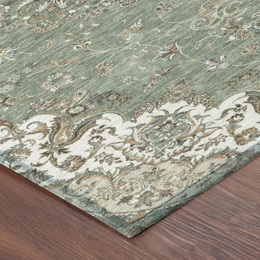 Sage And Beige Floral Medallion Washable Indoor Outdoor Area Rug Photo 5