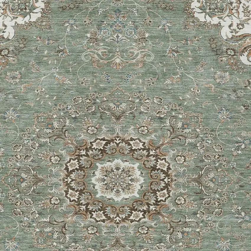 Sage And Beige Floral Medallion Washable Indoor Outdoor Area Rug Photo 3