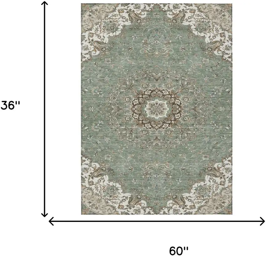 Sage And Beige Floral Medallion Washable Indoor Outdoor Area Rug Photo 7