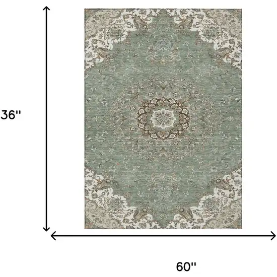 Sage And Beige Floral Medallion Washable Indoor Outdoor Area Rug Photo 7