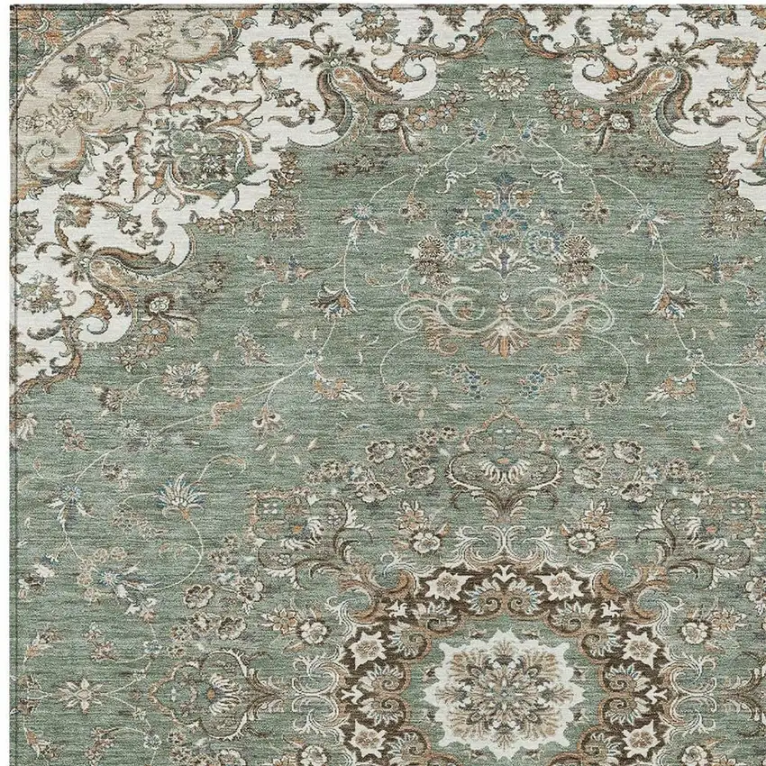 Sage And Beige Floral Medallion Washable Indoor Outdoor Area Rug Photo 3