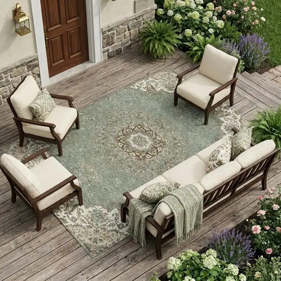 Sage And Beige Floral Medallion Washable Indoor Outdoor Area Rug Photo 1