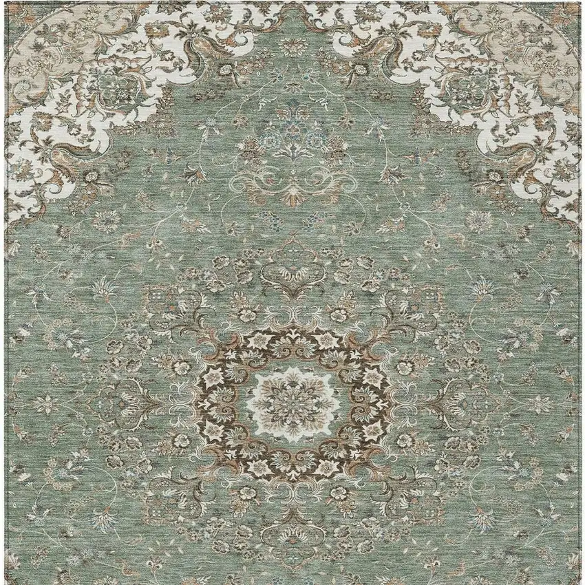 Sage And Beige Floral Medallion Washable Indoor Outdoor Area Rug Photo 4