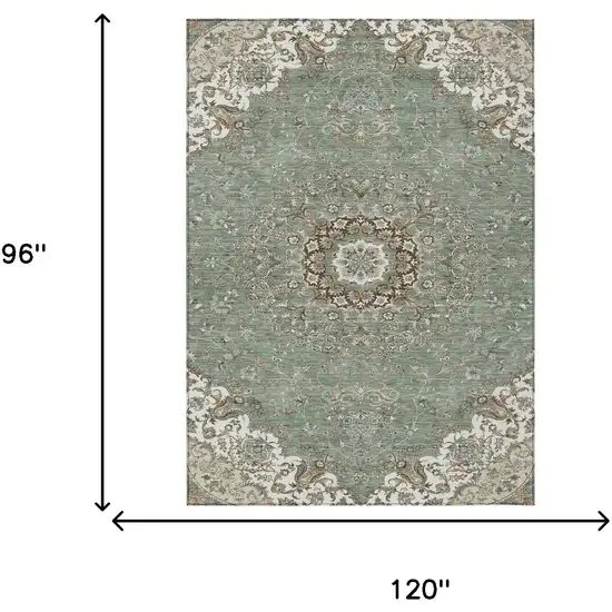 Sage And Beige Floral Medallion Washable Indoor Outdoor Area Rug Photo 7