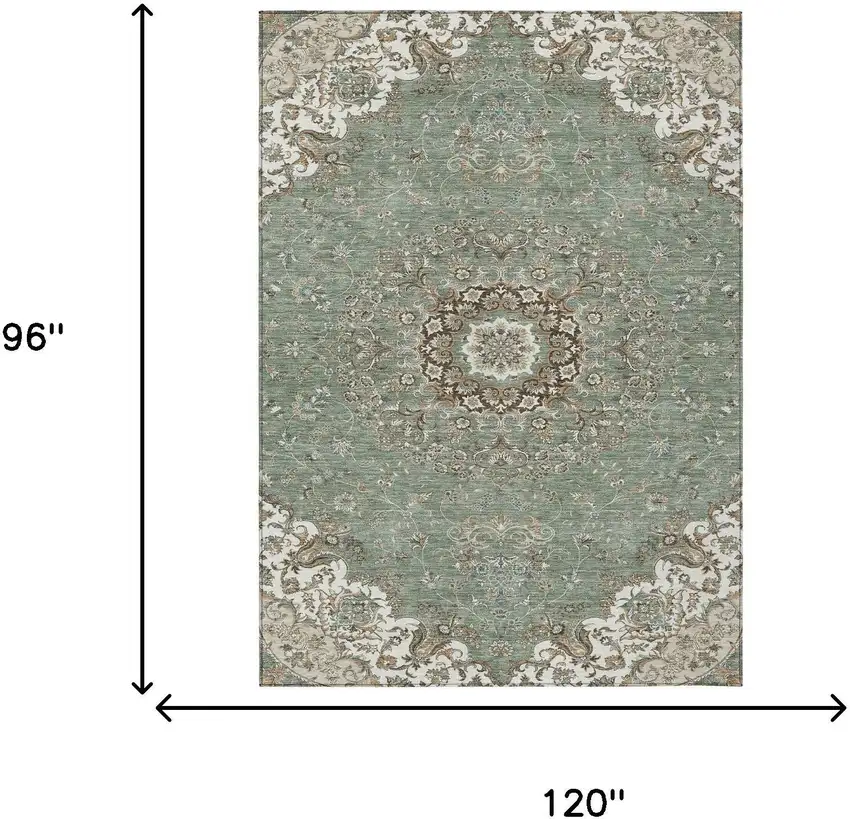 Sage And Beige Floral Medallion Washable Indoor Outdoor Area Rug Photo 7