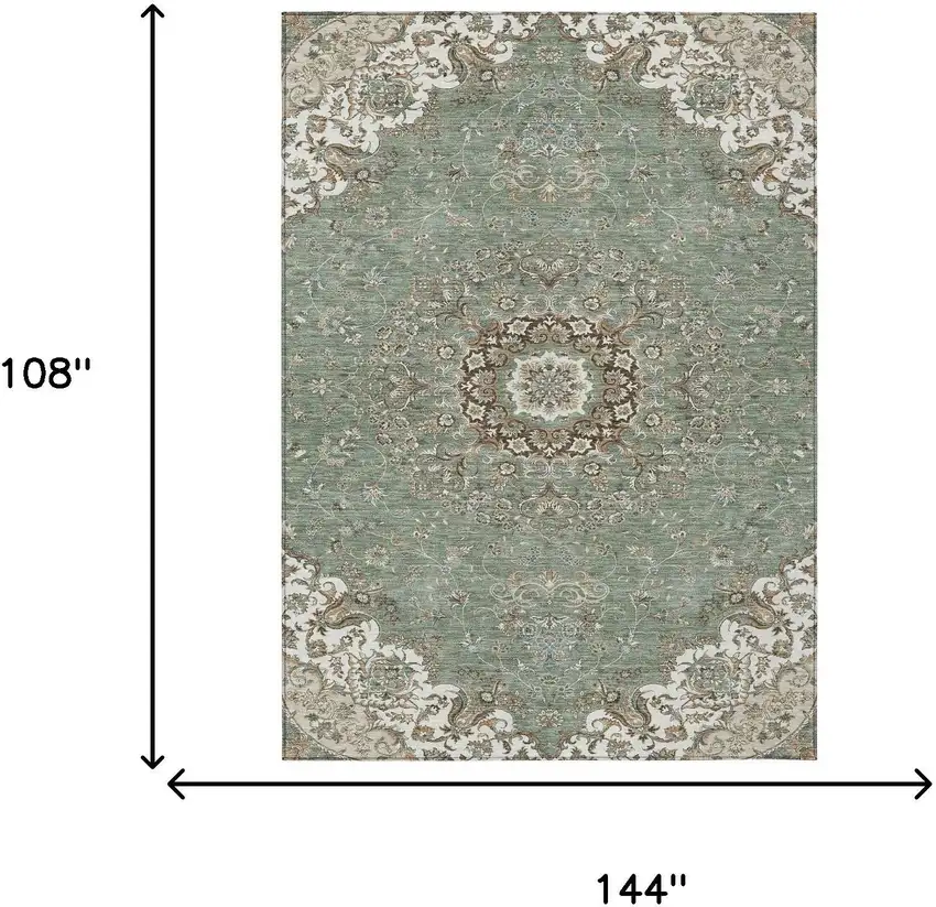 Sage And Beige Floral Medallion Washable Indoor Outdoor Area Rug Photo 7