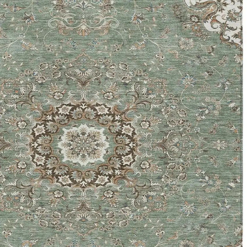 Sage And Beige Floral Medallion Washable Indoor Outdoor Area Rug Photo 3