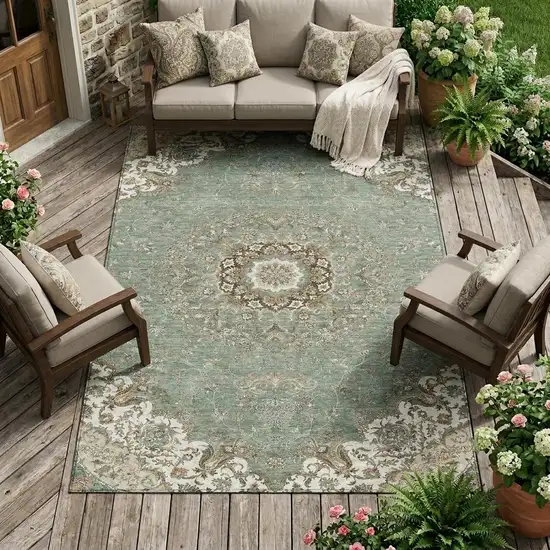 Sage And Beige Floral Medallion Washable Indoor Outdoor Area Rug Photo 1