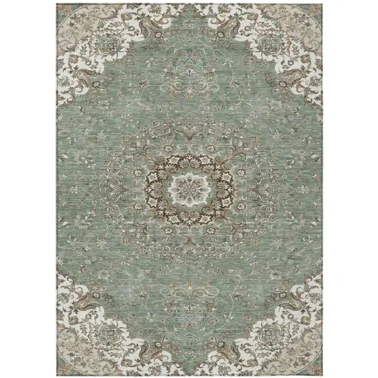 Sage And Beige Floral Medallion Washable Indoor Outdoor Area Rug Photo 2