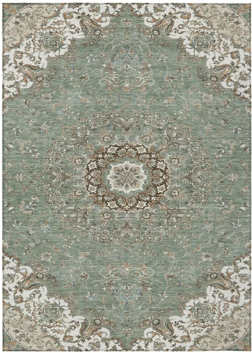 Sage And Beige Floral Medallion Washable Indoor Outdoor Area Rug Photo 2