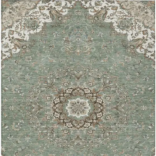 Sage And Beige Floral Medallion Washable Indoor Outdoor Area Rug Photo 4