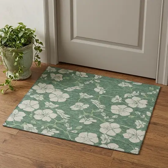 Sage And Beige Floral Washable Area Rug With UV Protection Photo 1