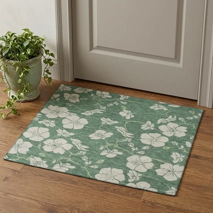 Sage And Beige Floral Washable Area Rug With UV Protection Photo 1