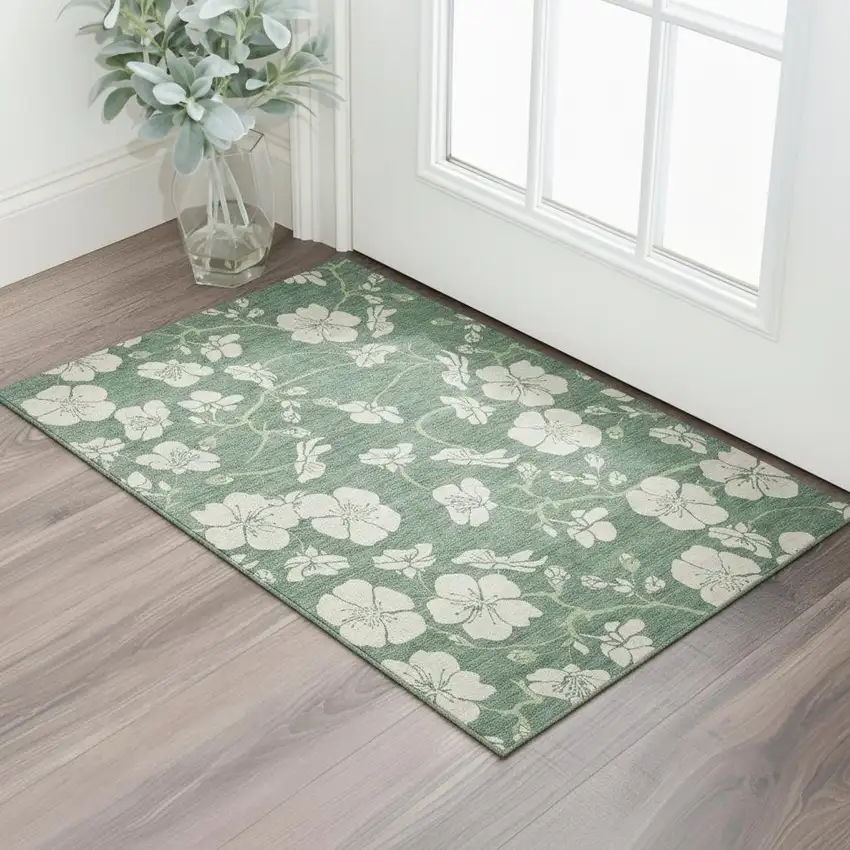Sage And Beige Floral Washable Area Rug With UV Protection Photo 2
