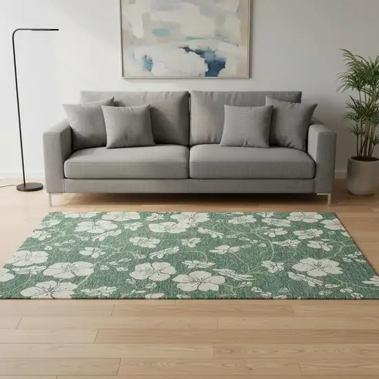 Sage And Beige Floral Washable Area Rug With UV Protection Photo 2