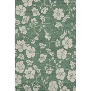 Photo of Sage And Beige Floral Washable Area Rug With UV Protection