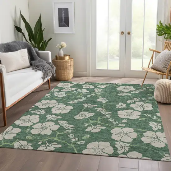 Sage And Beige Floral Washable Area Rug With UV Protection Photo 5