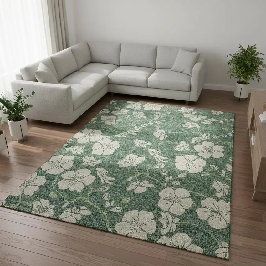 Sage And Beige Floral Washable Area Rug With UV Protection Photo 2