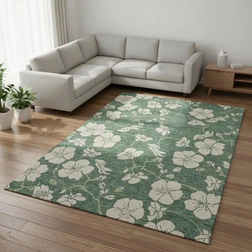 Sage And Beige Floral Washable Area Rug With UV Protection Photo 2