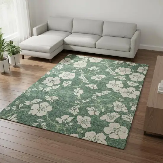Sage And Beige Floral Washable Area Rug With UV Protection Photo 2