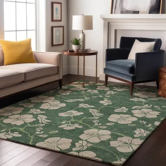 Sage And Beige Floral Washable Area Rug With UV Protection Photo 4