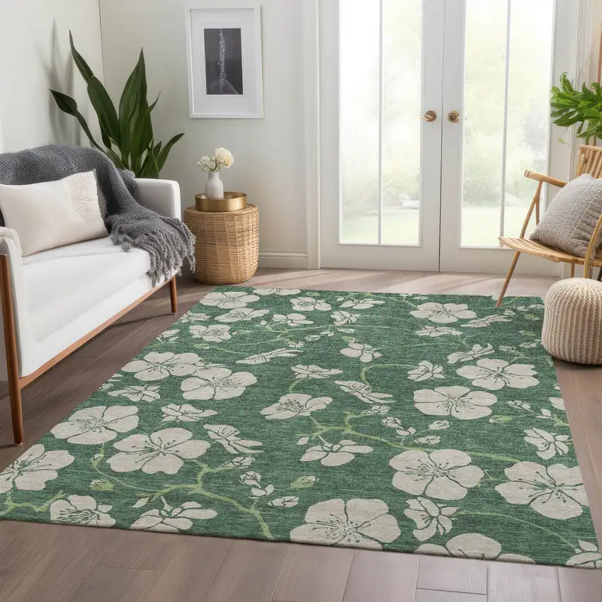Sage And Beige Floral Washable Area Rug With UV Protection Photo 5