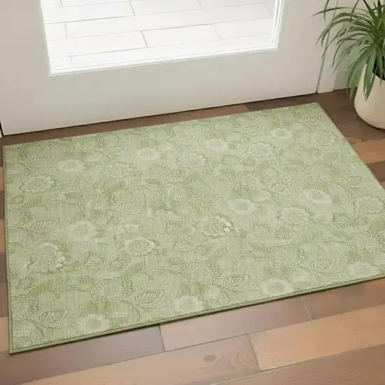 Sage And Beige Floral Washable Area Rug With UV Protection Photo 2